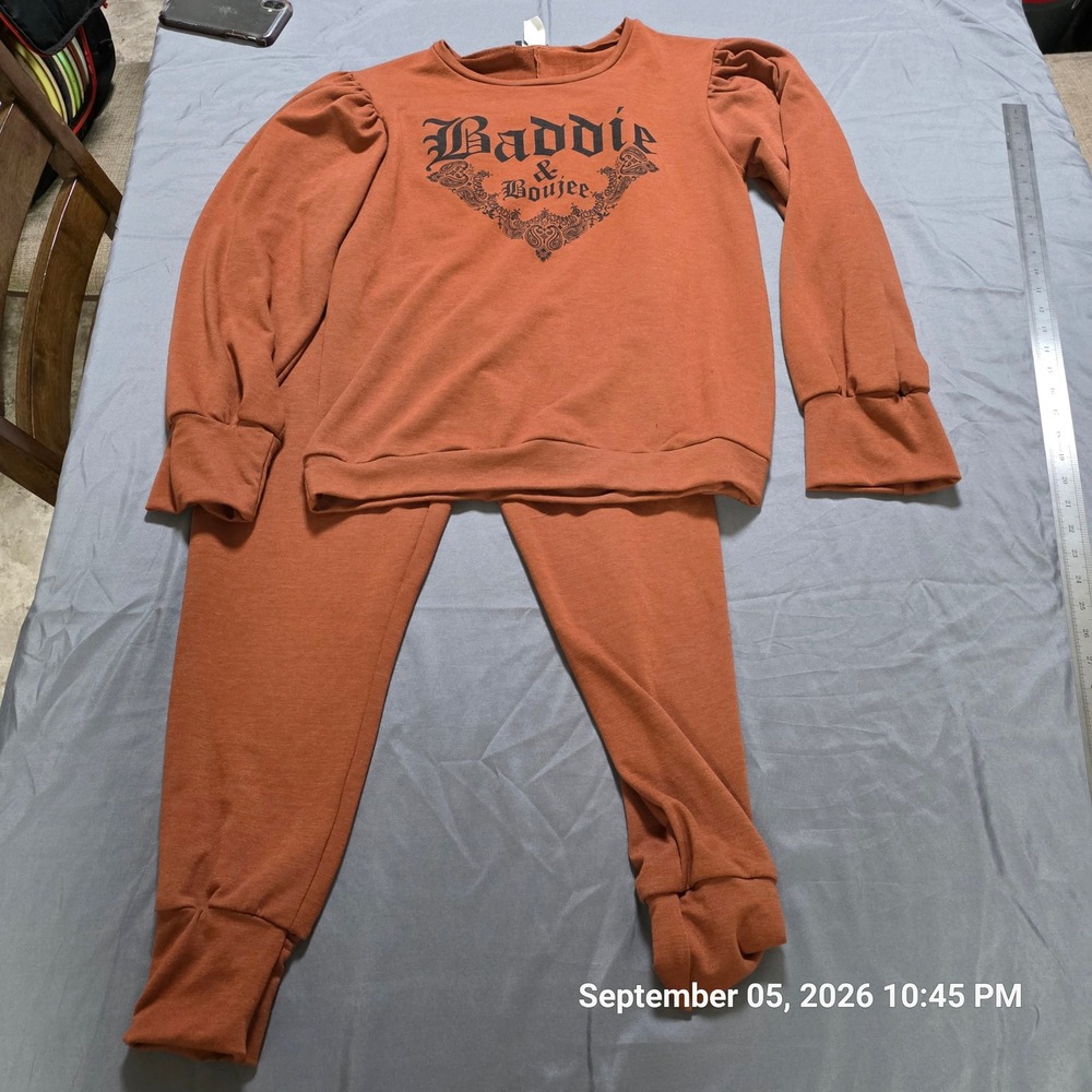Minette Womens Baddie & Boujee 2 Piece Lounge Set Rust Orange Puff Sleeve 1X